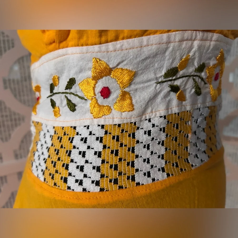 EMBROIDERED SMALL Orange Gold Halter Dress Floral Boho Cottage Core - Picture 11 of 14